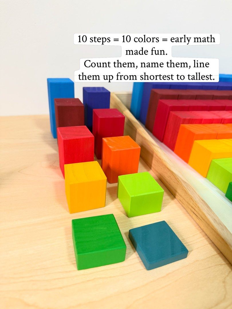 Large Stepped Blocks (Category: Educational & Learning Toys) located in Pasig City. Submitted by timberthinksph (Listing ID 1454148033, Image 3). Description: 100 blocks. 10 colors. Endless learning. 🌈📚 This is our Large Stepped Blocks — 100 solid beechwood cubes in 10 vibrant rainbow colors. It’s a puzzle, it’s a sorter, it’s a stacker, it’s a staircase, it’s math manipulative. One tray does it all!.