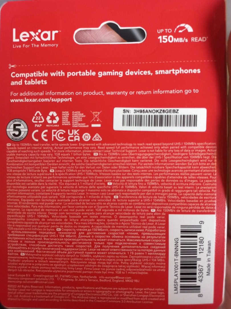 Lexar Play microSDXC Memory Card, 1TB (Category: Memory & SD Cards) located in Quezon City. Submitted by murkymill75740 (Listing ID 1454008048, Image 2). Description: Original Lexar Play micro SD Card, One (1) terabyte storage capacity. Bought this 1TB memory card in JW Summit, zaladA Official Store brand new for 10,000 PHP. Used for a month, like new condition. Selling because of my changing phone that has no capacity to insert external storage.