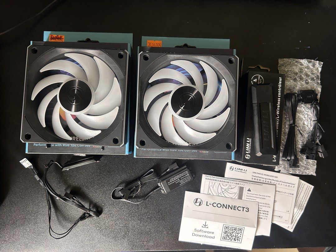 Lian Li wireless fans and Lian Li wireless controller (Category: Other Accessories) located in Batangas. Submitted by ror_3009 (Listing ID 1454178555, Image 2). Description: LIAN LI UNI FAN CL WIRELESS 120 - 2pcs ARGB fan - no issue - complete accessories LIANLI L - WIRELESS CONTROLLER - no issue - complete accessories RFS: Decluttering Sold as a set only.