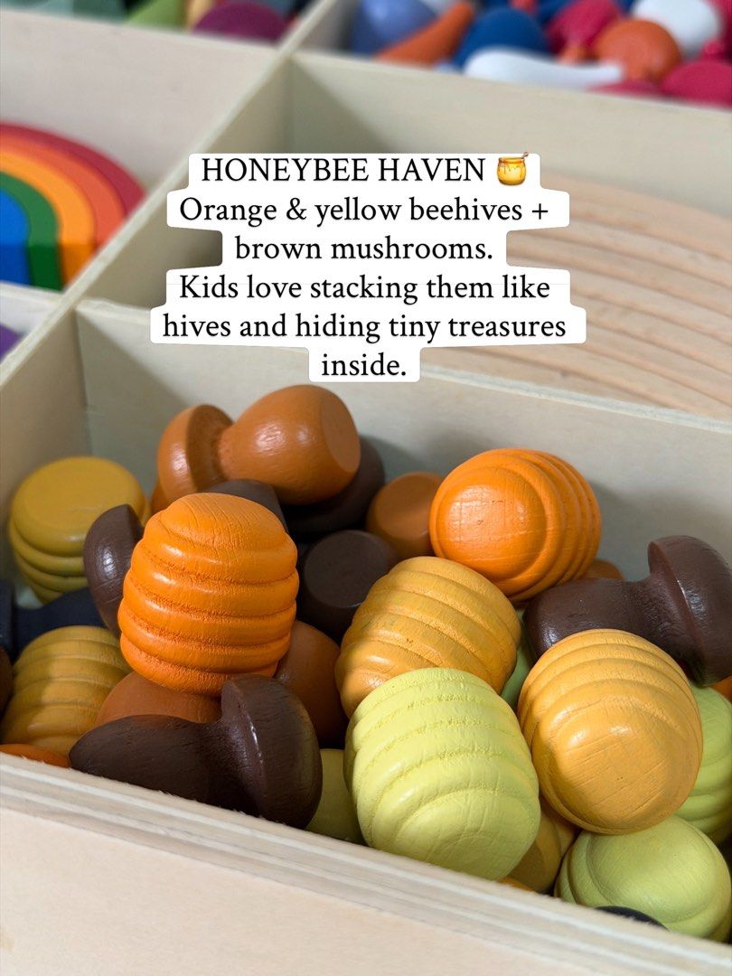 Loose Parts Play Set (Category: Educational & Learning Toys) located in Pasig City. Submitted by timberthinksph (Listing ID 1454142801, Image 3). Description: One box, endless worlds 🌈✨ Our 9-compartment Grapat-inspired Loose Parts + 2 Rainbow Stackers Mushrooms, honeycombs, trees, cones, drops, coins — all the little pieces kids actually play with for HOURS. No instructions, no batteries — just open-ended imagination. Color sorting, counting, s