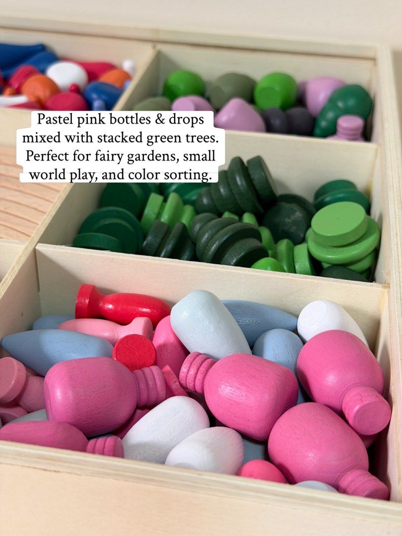 Loose Parts Play Set (Category: Educational & Learning Toys) located in Pasig City. Submitted by timberthinksph (Listing ID 1454142801, Image 2). Description: One box, endless worlds 🌈✨ Our 9-compartment Grapat-inspired Loose Parts + 2 Rainbow Stackers Mushrooms, honeycombs, trees, cones, drops, coins — all the little pieces kids actually play with for HOURS. No instructions, no batteries — just open-ended imagination. Color sorting, counting, s