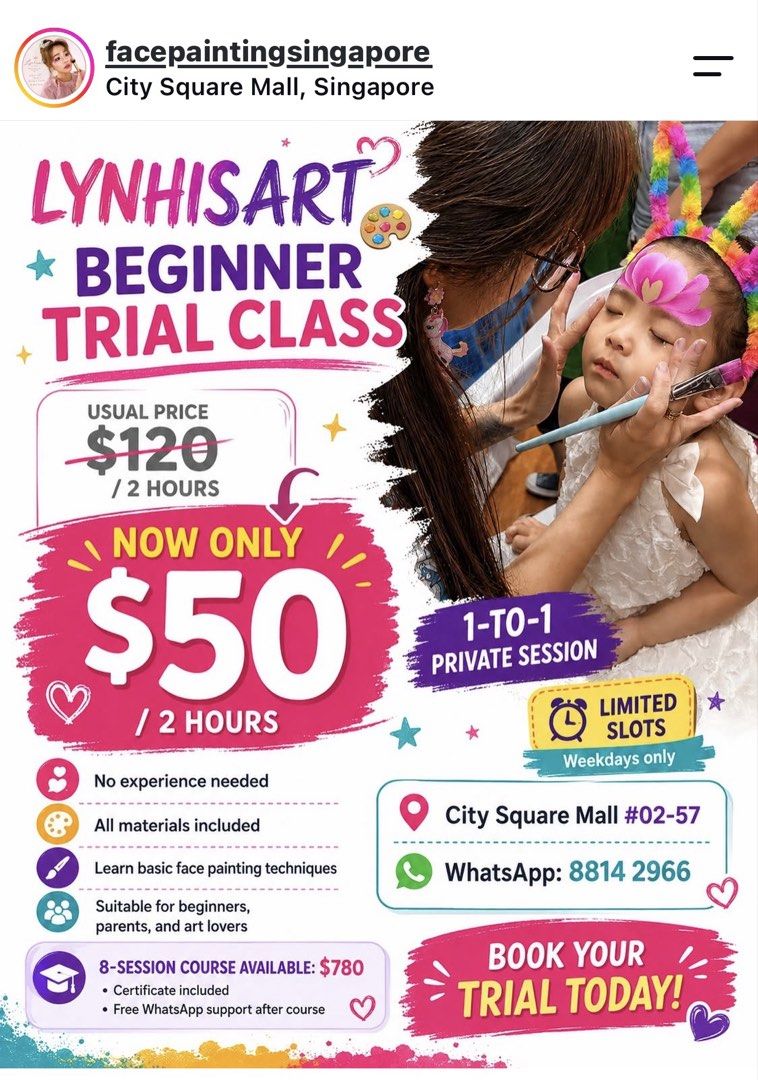 Lynhisart basic course (Category: Art & Prints) located in Singapore. Submitted by lynhisart2966 (Listing ID 1454036506, Image 1). Description: 1-1 face painting for no experience and beginners .