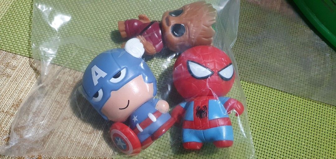 Marvel Avengers Chibi Figures - Captain America, Spiderman, Groot (Category: Figurines & Statues) located in Cainta. Submitted by origeetostore (Listing ID 1454046391, Image 1). Description: - Adorable chibi-style figures of Captain America, Spiderman, and Groot. - Ideal for Marvel fans and collectors. - Small, collectible toys. - Sold as a complete set. - Great for display or play. ========== Marvel Rubber Toys for Kids ***Set ONLY*** location: 
