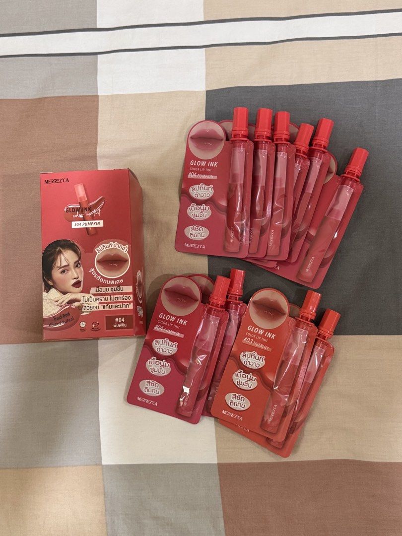 MERREZ'CA Glow Ink Color Lip Tint (Category: Makeup) located in Manila. Submitted by ireneglin (Listing ID 1454037438, Image 1). Description: - MERREZ'CA Glow Ink Color Lip Tint - Shade: #04 Pumpkin and #03 tigerlily - Comes in individual packets - Provides a natural lip color - Easy to apply, perfect for on-the-go touch-ups - Expiry Nov 10 2026 - Take all or sold by pcs (70/pc) - Price negotiable.