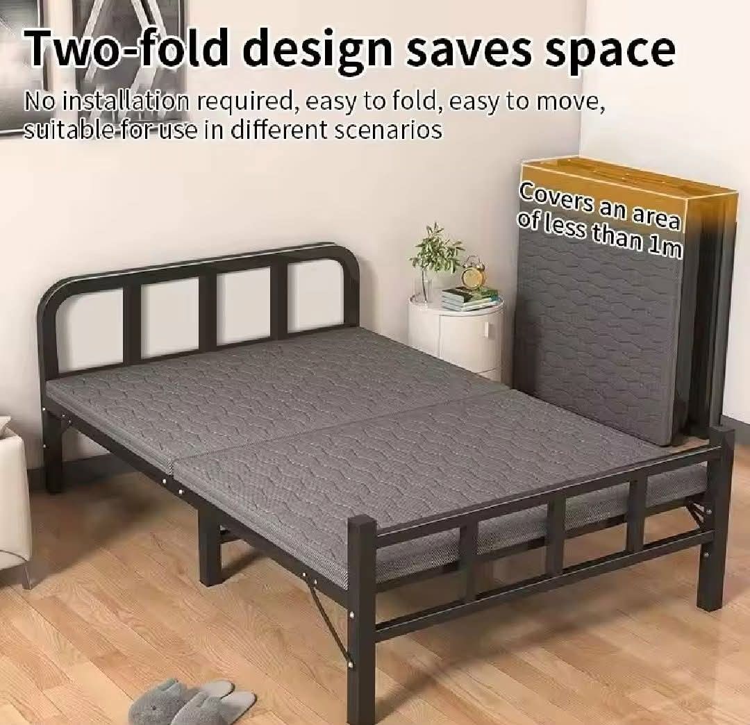 Metal Folding Bed (w/o head board) (Category: Bed Frames & Mattresses) located in Quezon City. Submitted by mariamaine (Listing ID 1454121919, Image 3). Description: - in very good condition - not used because there is not enough space - head board / bed head frame not included ❌ original price: 1,800 size: 185x75x70cm (lwh) color: black bought from violet app RFS: no one in our house is planning to use the bed; not enough space.