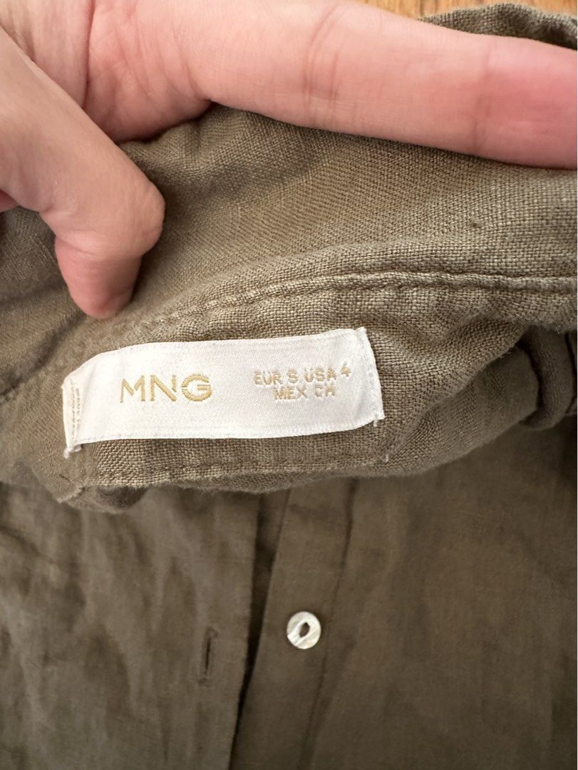 MNG Olive Green Linen Button-Up Shirt (Category: Shirts) located in Quezon City. Submitted by mellym00 (Listing ID 1454163415, Image 3). Description: - MNG Olive Green Button-Up Shirt 100% linen Washed only Size small.