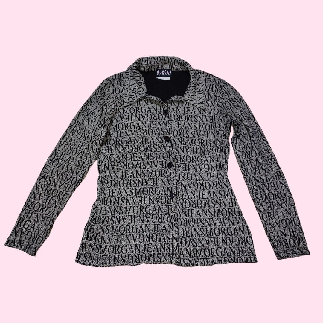 Morgan De Toi All Over Logo Print Button Up Jacket (Category: Coats, Jackets and Outerwear) located in Caloocan City. Submitted by faesrie (Listing ID 1454136885, Image 1). Description: - Morgan De Toi jacket - All-over logo print - Button-up front with collar - Long sleeves - Black and white pattern - Bold statement piece.