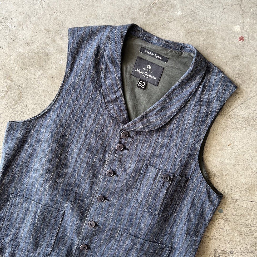 NIGEL CABOURN MAINLINE - CINCH BACK VEST (Category: Vests) located in Manila. Submitted by _Gizmo (Listing ID 1454035627, Image 3). Description: Nigel Cabourn Mainline - Cinch Back Vest Size tagged: 52 Measurement Width: 21’ Inch Length: 25’ Inch Excellent condition | Like new No flaws Made In England .