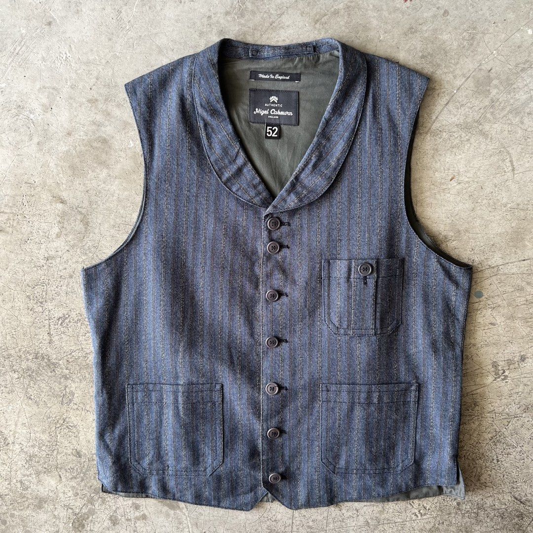 NIGEL CABOURN MAINLINE - CINCH BACK VEST (Category: Vests) located in Manila. Submitted by _Gizmo (Listing ID 1454035627, Image 1). Description: Nigel Cabourn Mainline - Cinch Back Vest Size tagged: 52 Measurement Width: 21’ Inch Length: 25’ Inch Excellent condition | Like new No flaws Made In England .