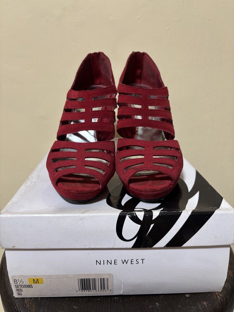 nine west red suede heels (Category: Heels) located in Paranaque City. Submitted by backburnt (Listing ID 1454164047, Image 2). Description: nine west red suede heels - see pics for condition - size: eur 8.5 - minor stains - minor chipping inside - with box - dm for questions .