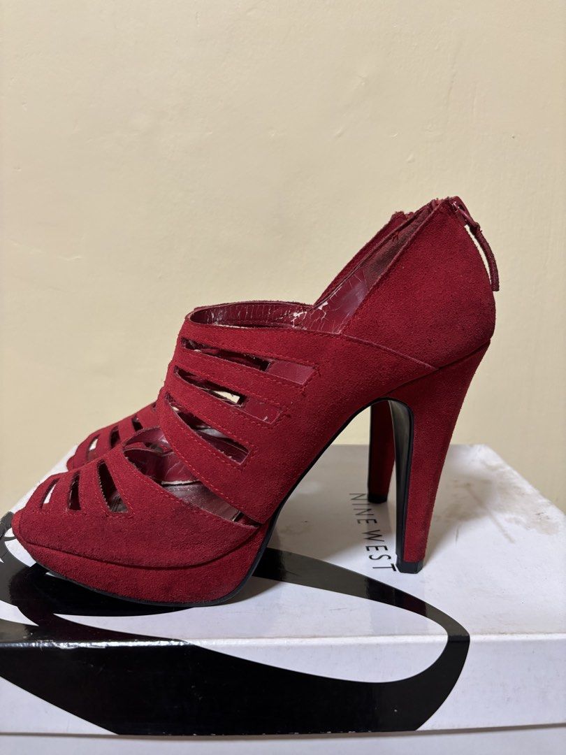 nine west red suede heels (Category: Heels) located in Paranaque City. Submitted by backburnt (Listing ID 1454164047, Image 3). Description: nine west red suede heels - see pics for condition - size: eur 8.5 - minor stains - minor chipping inside - with box - dm for questions .