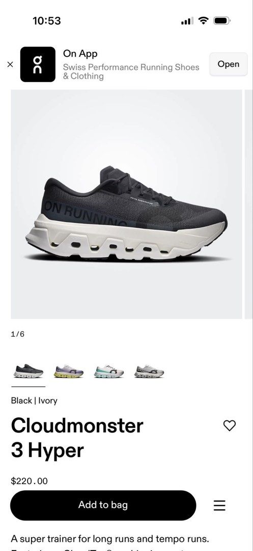 On Running Cloudmonster 3 Hyper Black Ivory (Category: Sneakers) located in Manila. Submitted by aliudigi (Listing ID 1454150987, Image 3). Description: - Brand: On Running - Model: Cloudmonster 3 Hyper - Color: Black and Ivory - Typew: Super trainers - Best for: Long runs, tempo runs, hitting personal bests srp: ₱13,000 selling price: ₱6,999 brandnew but no box since kasama to sa package size. 7.5 mens issue: NO BOX 📩dm for more details pick up