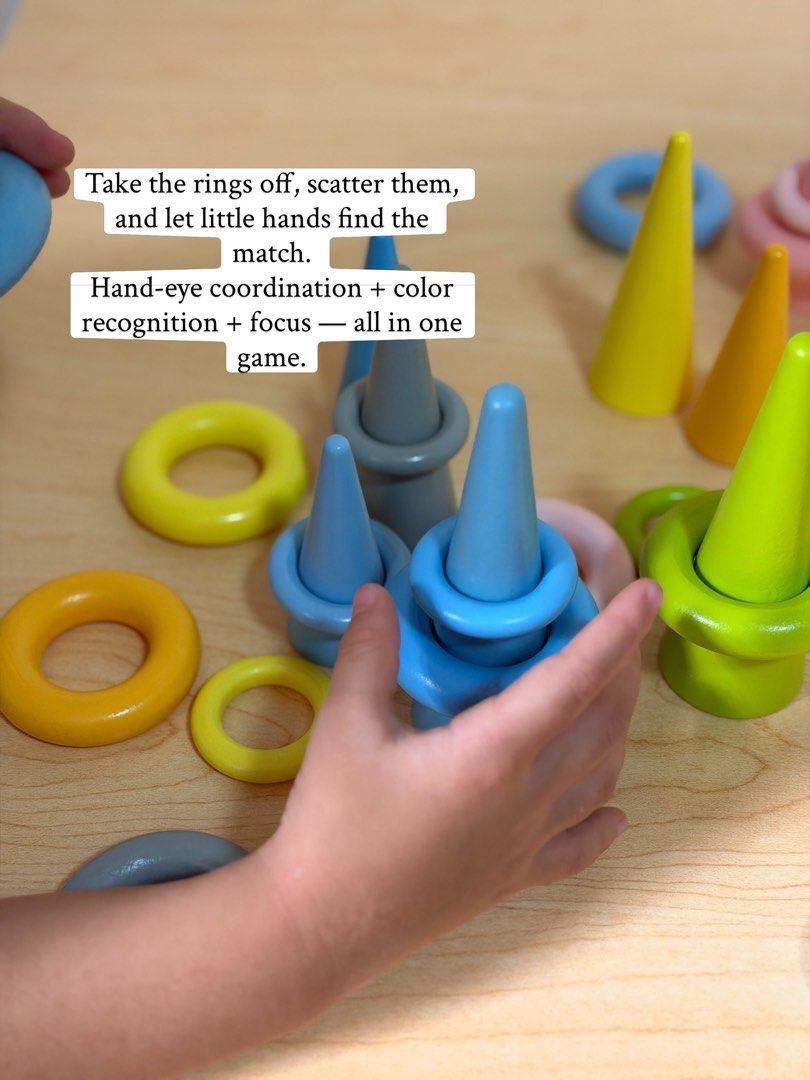 Pastel Ring Toss (Category: Educational & Learning Toys) located in Pasig City. Submitted by timberthinksph (Listing ID 1454143804, Image 2). Description: A pop of pastel perfection ✨🌈 10 cones + 20 rings = endless matching, stacking & fine motor fun! Match by color, sort by size (big ring / small ring), or just toss and play. Smooth solid wood, non-toxic paint, and that satisfying plop when the ring goes in. Which color is your favorite? 👇 .