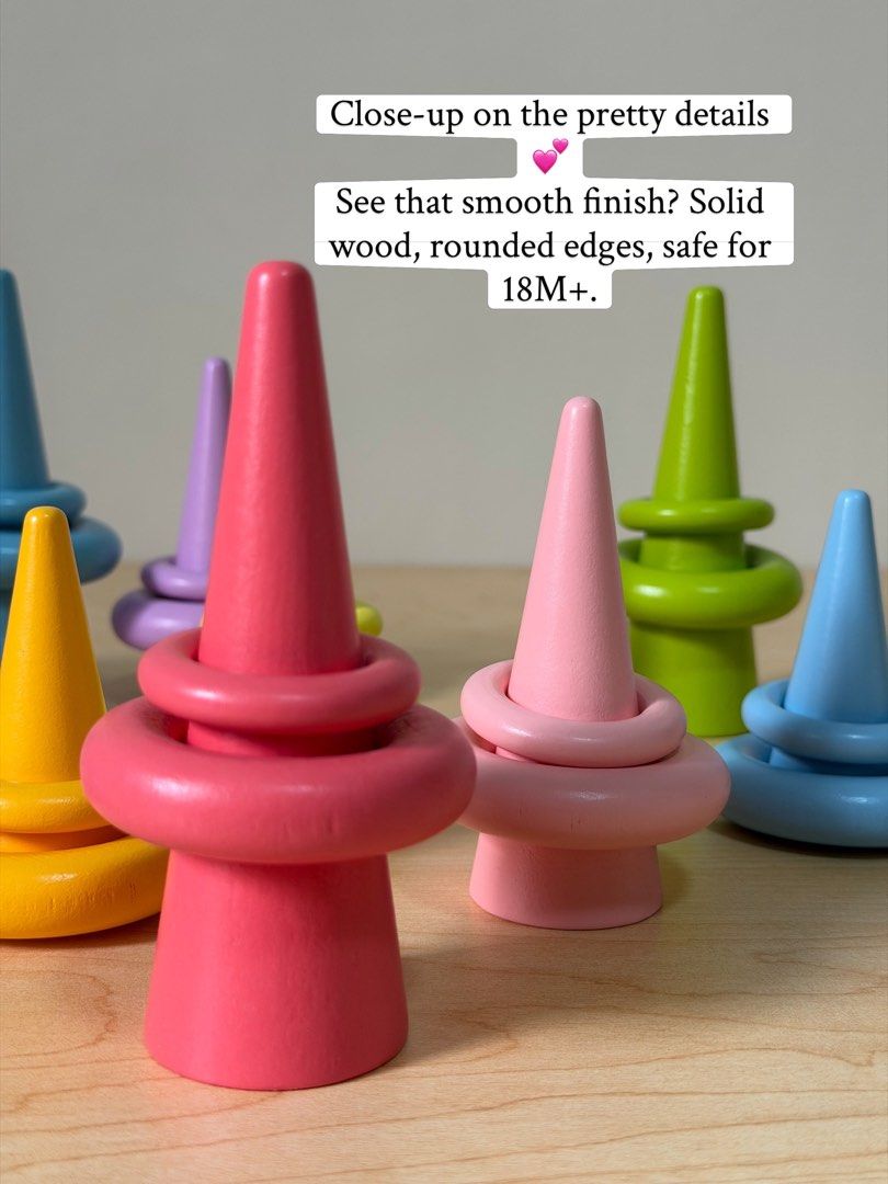Pastel Ring Toss (Category: Educational & Learning Toys) located in Pasig City. Submitted by timberthinksph (Listing ID 1454143804, Image 3). Description: A pop of pastel perfection ✨🌈 10 cones + 20 rings = endless matching, stacking & fine motor fun! Match by color, sort by size (big ring / small ring), or just toss and play. Smooth solid wood, non-toxic paint, and that satisfying plop when the ring goes in. Which color is your favorite? 👇 .