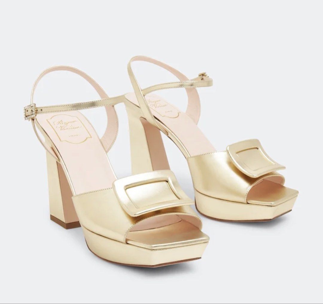 Preloved size 38 Roger Vivier platform sandals (Category: Sneakers & Footwear) located in Pasig City. Submitted by imeldas (Listing ID 1454026423, Image 2). Description: Personally used RV sandals in gold Has some minor discoloration but noticeable when used. Perfect for formal occasions! .