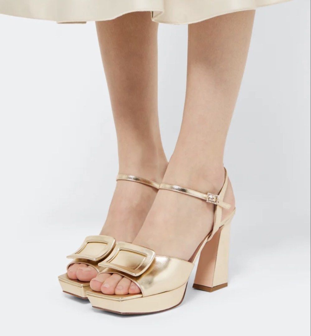 Preloved size 38 Roger Vivier platform sandals (Category: Sneakers & Footwear) located in Pasig City. Submitted by imeldas (Listing ID 1454026423, Image 1). Description: Personally used RV sandals in gold Has some minor discoloration but noticeable when used. Perfect for formal occasions! .
