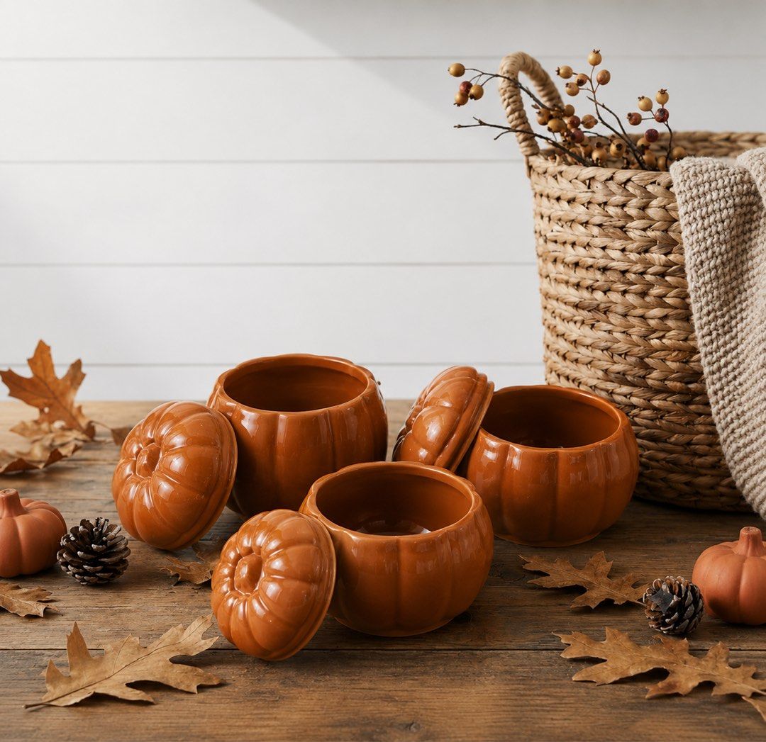 Pumpkin Ceramic Jars with Lids (Category: Food Organization & Storage) located in Baguio. Submitted by the_general_store (Listing ID 1454048629, Image 1). Description: - Cute pumpkin-shaped ceramic jars - Each jar includes a matching lid - Warm, glossy orange color - Perfect for fall/autumn decoration - Great for storing small items - Adds a cozy and festive vibe to your kitchen or living room *Dimensions: height 3.5” with lid, base 3.25”, rim 3.