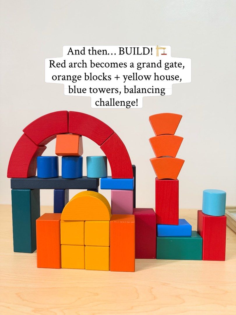 Romanesque Building Blocks (Category: Educational & Learning Toys) located in Pasig City. Submitted by timberthinksph (Listing ID 1454148568, Image 2). Description: From puzzle to playground 🌈🏰 Our Rainbow Building Blocks Set in wooden tray — arches, cubes, columns, half-circles, everything they need to build BIG. It’s a color-matching puzzle when flat, and a whole city when taken out. One toy, endless builds. .
