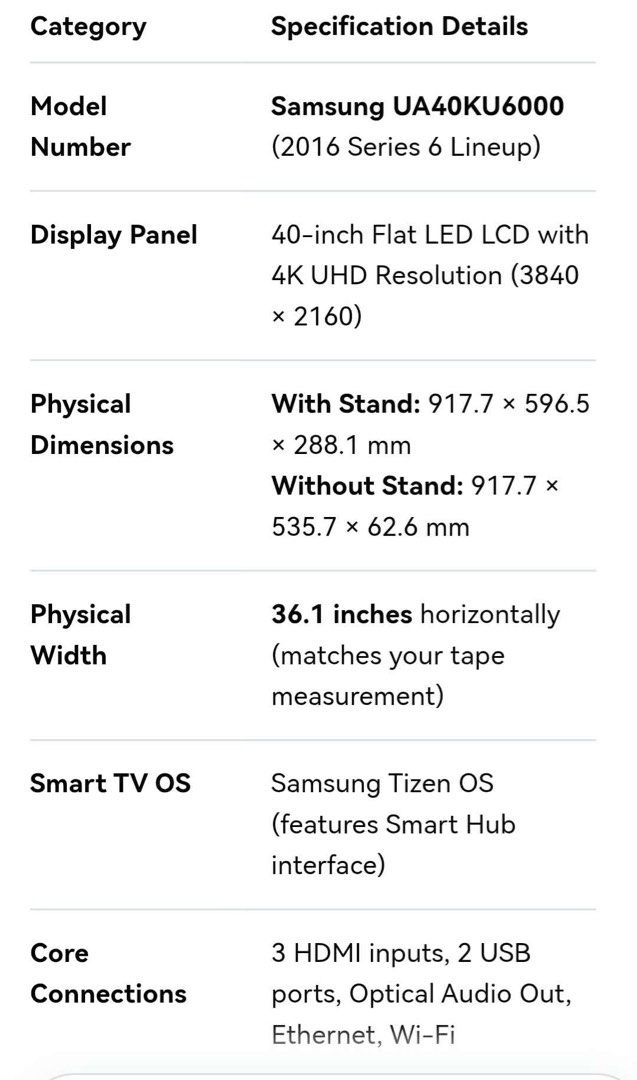 Samsung 40” UHD Smart TV (Category: TV) located in Antipolo. Submitted by cheichic (Listing ID 1454091508, Image 2). Description: Samsung TV with Stand 2016 specification please see 3rd pic Flaw : white lights on the background but once used eventually it will fade. .