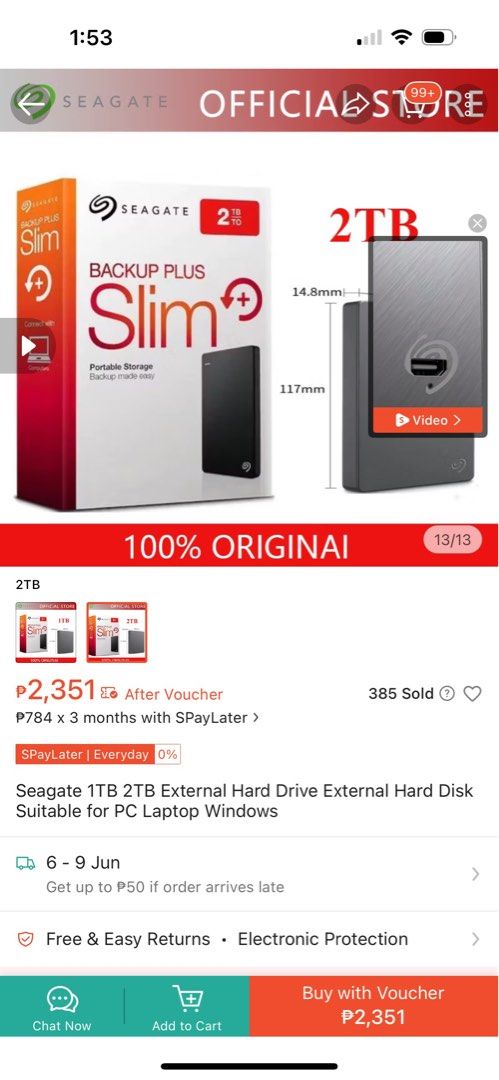 Seagate Backup Plus Slim 2TB External Hard Drive (Category: Hard Disks & Thumbdrives) located in Santa Rosa. Submitted by mikad (Listing ID 1454182481, Image 2). Description: Nabili namin sa orange app. Never been used. Spare item pang incase of emergency lang nung wedding. Doubtful ako sa authenticity kasi ang mura sa orange app. - Seagate Backup Plus Slim Portable External Hard Drive - 2TB Storage Capacity - Includes USB Cable - Ideal for backi