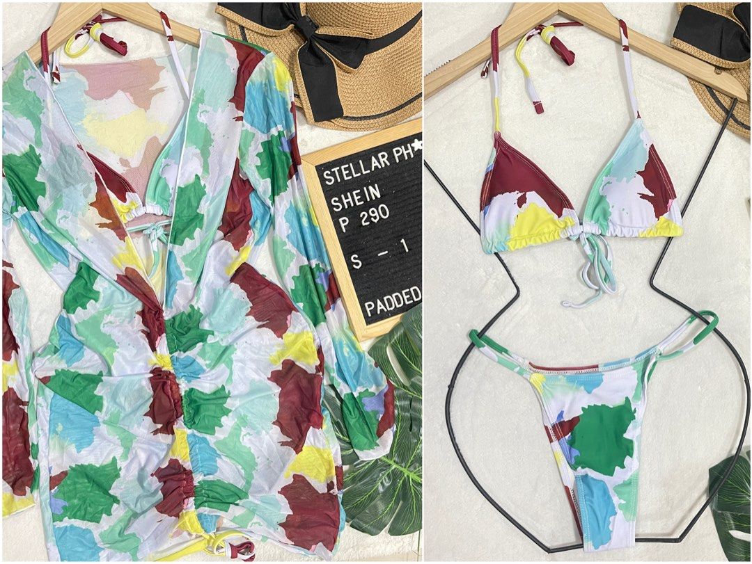 SHEIN 3pc Abstract Print Bikini and Mesh Cover-up Set (Category: Bikinis & Swimsuits) located in Manila. Submitted by camillestc (Listing ID 1454043505, Image 1). Description: - Cute abstract print bikini set - Matching long-sleeved mesh cover-up with ruched front - Tie-up bikini style - Size S - Perfect for beach or pool days - Sold as a set.