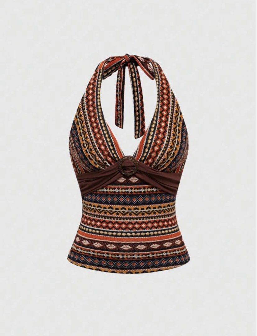 SHEIN Hippie Halter Backless Bodycon Tank Top (Category: Sleeveless) located in Quezon City. Submitted by decluttrph_ (Listing ID 1454091777, Image 1). Description: - Vibrant boho Aztec print halter neck top - GCASH MOP 📍Qc Area.