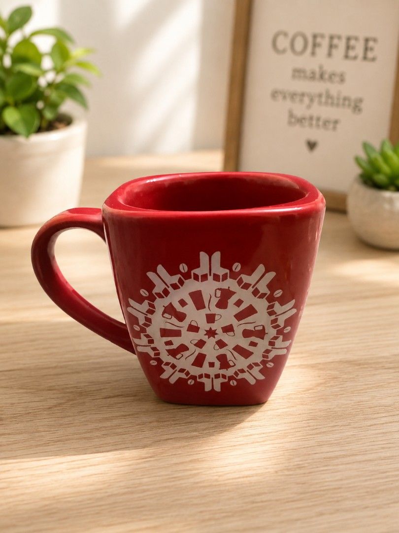 Starbucks Red Coffee Mug Square Design (Category: Coffee & Tea Tableware) located in Magdalena. Submitted by ckvf032922 (Listing ID 1454116512, Image 1). Description: - Red Starbucks coffee mug - Unique square shape - Cool snowflake-like design on the front - Starbucks Coffee logo on the bottom - Microwave and dishwasher safe - Ideal for your morning coffee or tea.