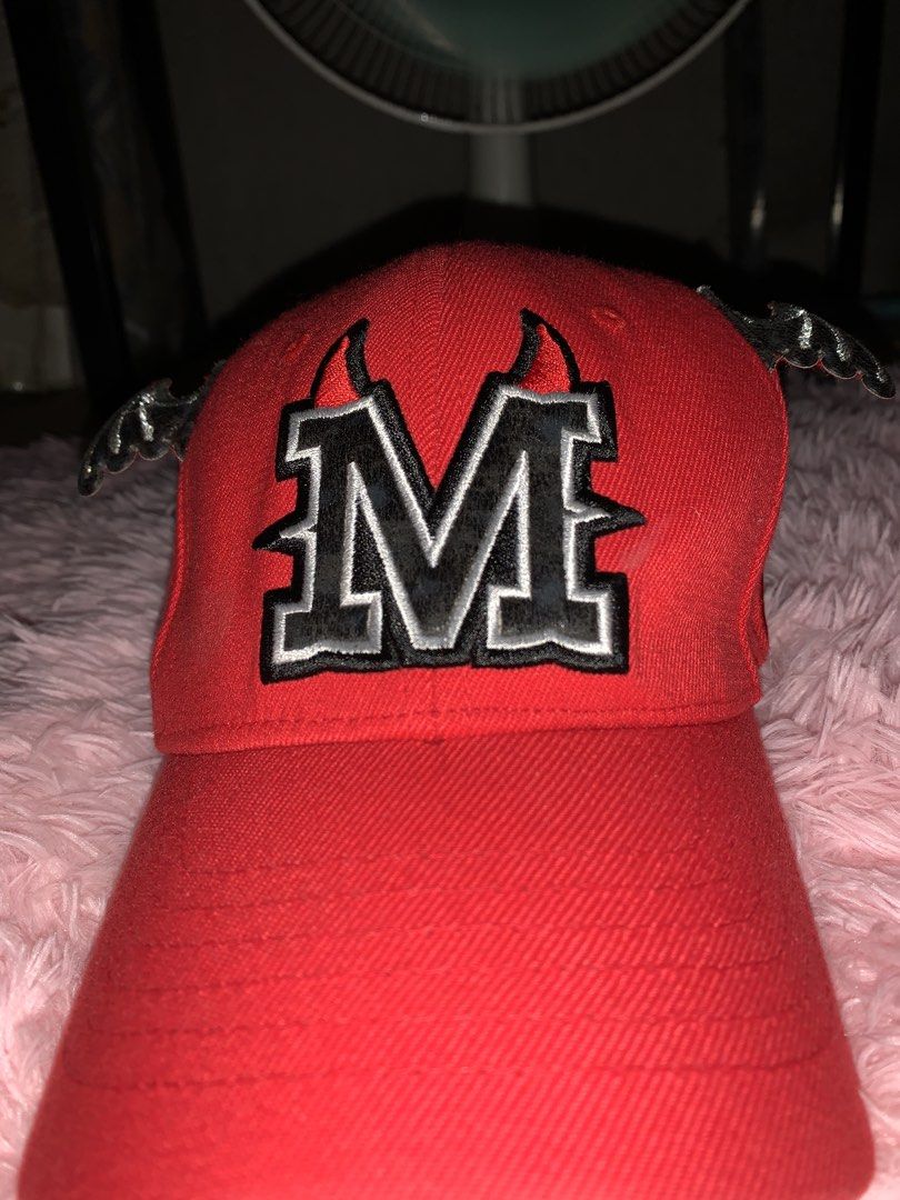 Super Massive Bound Red Cap with 'M' Logo and Devil Wings (Category: Caps & Hats) located in Binan City. Submitted by kariray_shop (Listing ID 1454057259, Image 1). Description: - Red cap from Super Massive Bound - Features embroidered 'M' logo with devil horns and wings - 'Super Bound' patch with pentagram on the side - 'SMB' logo on the back - Tag indicates size XS - Ideal for streetwear or alternative fashion enthusiasts.
