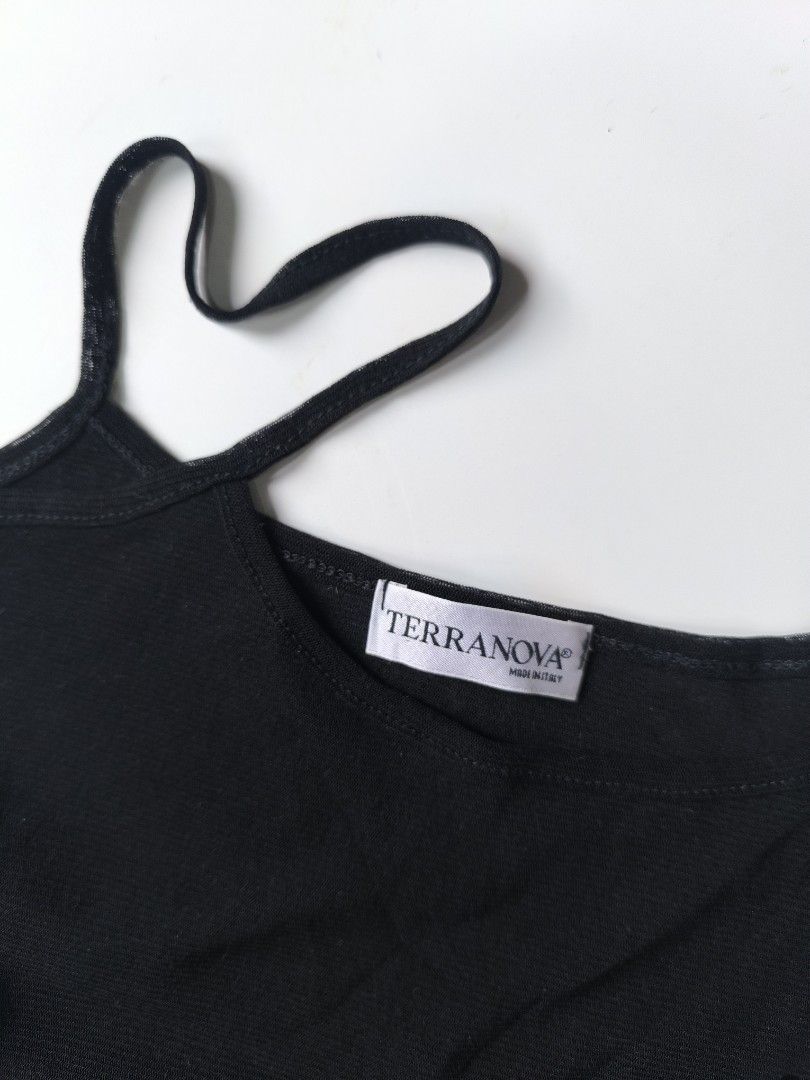 Terranova Black Sequin Detail Spaghetti Strap Tank Top (Category: Sleeveless) located in Subic. Submitted by amorscollection (Listing ID 1454023697, Image 2). Description: - Black Terranova tank top - spaghetti straps - Eye-catching sequin swirl detailing on the front - Scalloped hemline for a feminine touch - Proudly made in Italy - Versatile for layering or wearing as a standalone piece.