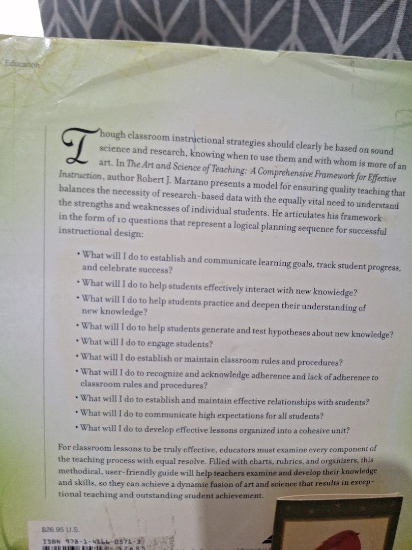 The Art and Science of Teaching (Category: Textbooks) located in Naga. Submitted by bellebargainbox (Listing ID 1454016739, Image 2). Description: Using strategies based on science and research. Contains logical sequences for successful instruction. A great read and reference for students, novice teachers and seasoned ones..