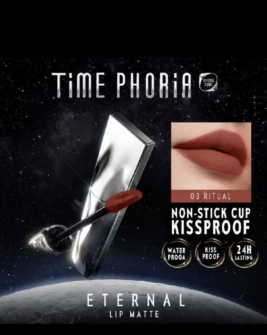 TIME PHORIA Eternal Lip Matte 03 Ritual (Category: Makeup) located in Makati City. Submitted by jangmiscloset (Listing ID 1454186562, Image 1). Description: - TIME PHORIA Eternal Lip Matte - Shade: 03 Ritual (Matte Terracotta) - 24-hour wear - Waterproof - Non-stick cup formula - Kiss-proof Used once to swatch shade.