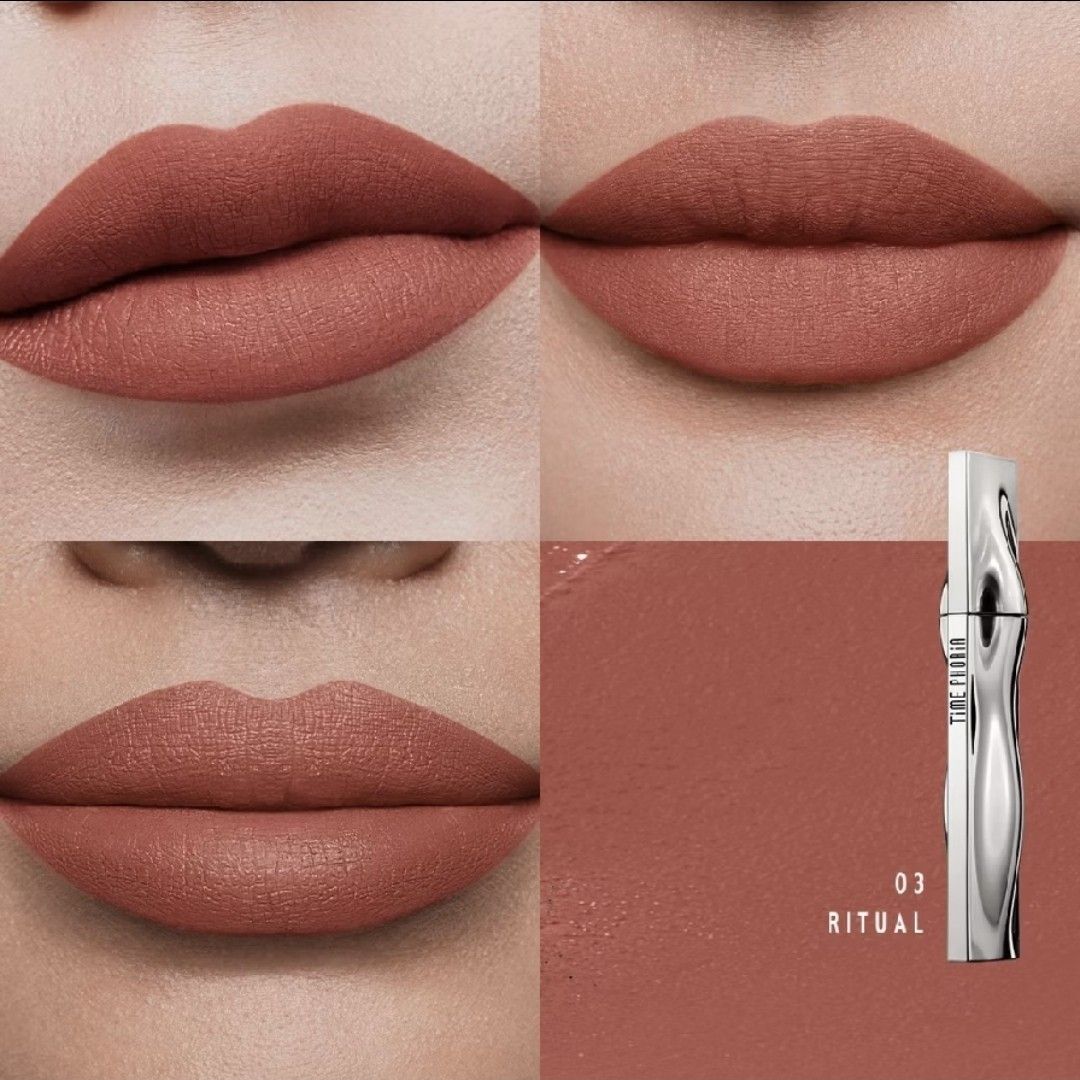 TIME PHORIA Eternal Lip Matte 03 Ritual (Category: Makeup) located in Makati City. Submitted by jangmiscloset (Listing ID 1454186562, Image 2). Description: - TIME PHORIA Eternal Lip Matte - Shade: 03 Ritual (Matte Terracotta) - 24-hour wear - Waterproof - Non-stick cup formula - Kiss-proof Used once to swatch shade.
