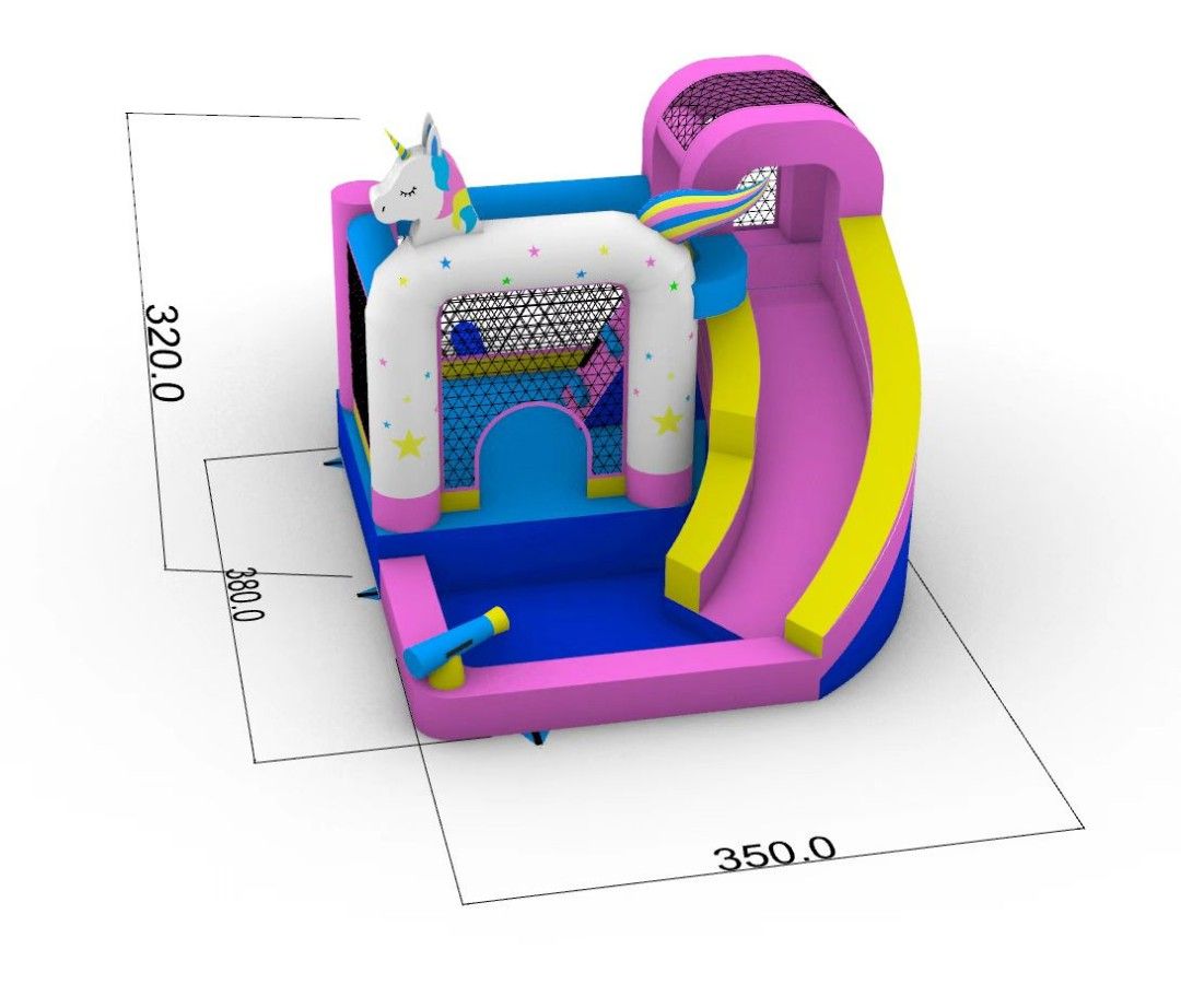 Unicorn Inflatable Bouncy Castle with Slide (Category: Infant Playtime) located in Manila. Submitted by prettyme101395 (Listing ID 1454107942, Image 2). Description: ✅Brandnew ✅Onhand Ready to ship ✅You can check before pickup ✅PVC Material ✅Blower Machine Included ✅Heavy Duty - Fun unicorn bouncy castle with slide - Ideal for parties and playtime - Features a colorful unicorn design with stars - Approximate dimensions: 380cm x 350cm x 320cm - Ea