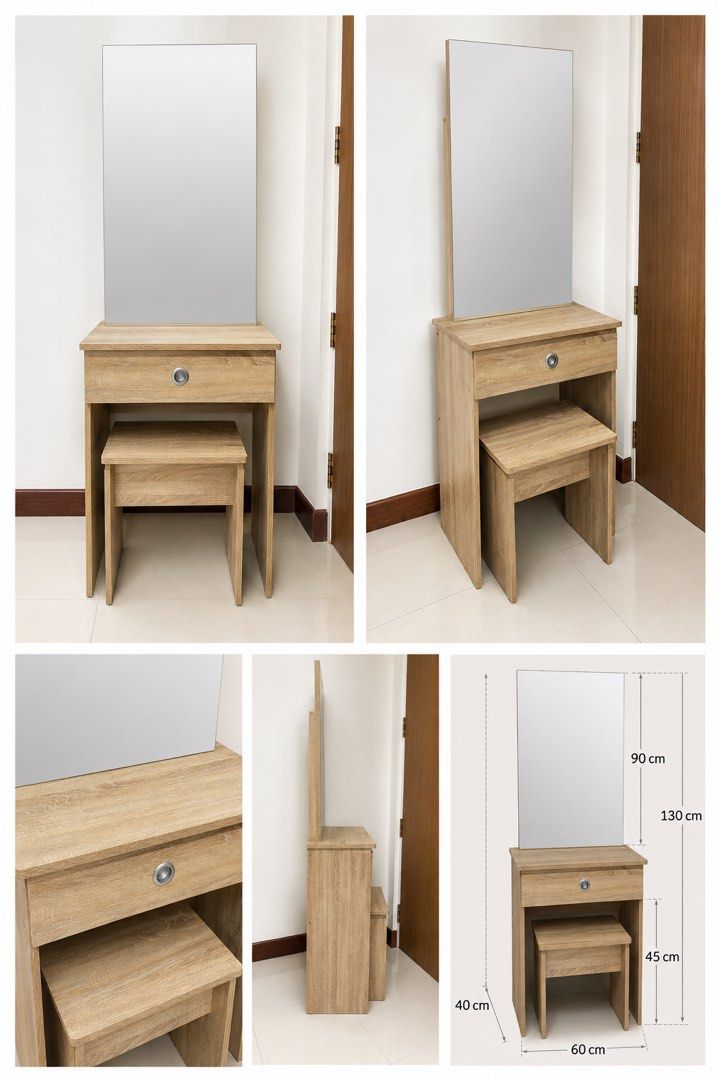Dressing Table (Category: Other Home Furniture) located in Singapore. Submitted by lorenjann (Listing ID 1454164575, Image 1). Description: - Stylish vanity table set with a large mirror. - Includes a matching stool for comfortable use. - Features a convenient drawer for storage. - Light wood finish for a modern aesthetic. - Compact dimensions: 60cm (W) x 40cm (D) x 130cm (H). - Mirror height: 90cm. - Stool height: 45cm..