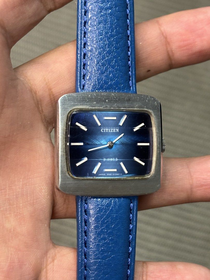 Vintage Citizen Blue Dial Square Watch (Hand-winding) (Category: Men's Watches) located in Manila. Submitted by soughtafterseconds (Listing ID 1454148653, Image 1). Description: Vintage Citizen Square Watch (Hand-winding) This vintage Citizen 21 Jewels Hand-Winding Square Watch (Ref. 0100 / 012739 S) is a gorgeous piece of 1970s Japanese mechanical dress watch heritage. Combining a deep radial brushed royal blue dial with a chunky TV-style cushio