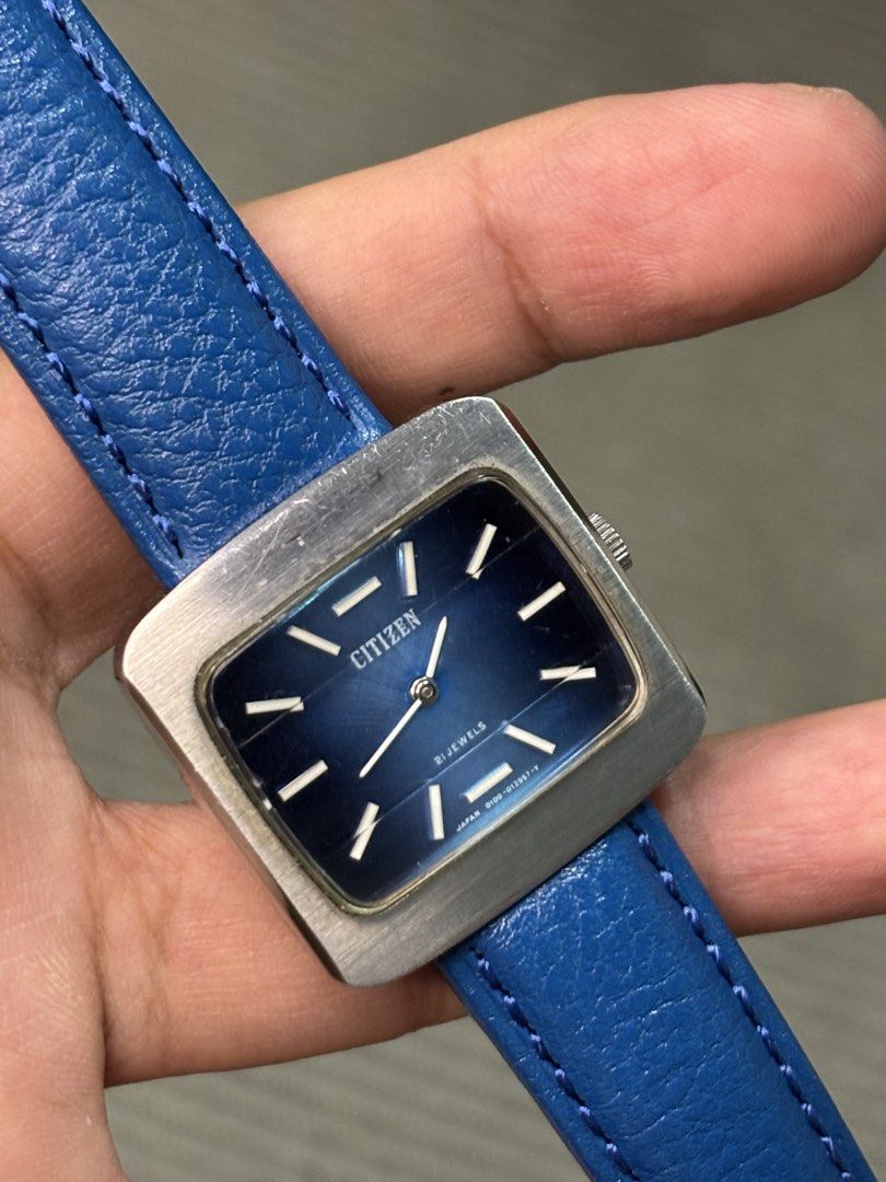 Vintage Citizen Blue Dial Square Watch (Hand-winding) (Category: Men's Watches) located in Manila. Submitted by soughtafterseconds (Listing ID 1454148653, Image 2). Description: Vintage Citizen Square Watch (Hand-winding) This vintage Citizen 21 Jewels Hand-Winding Square Watch (Ref. 0100 / 012739 S) is a gorgeous piece of 1970s Japanese mechanical dress watch heritage. Combining a deep radial brushed royal blue dial with a chunky TV-style cushio