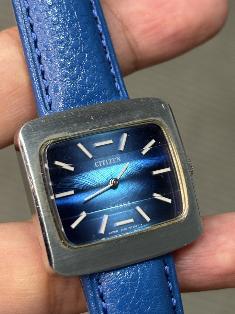 Vintage Citizen Blue Dial Square Watch (Hand-winding) (Category: Men's Watches) located in Manila. Submitted by soughtafterseconds (Listing ID 1454148653, Image 3). Description: Vintage Citizen Square Watch (Hand-winding) This vintage Citizen 21 Jewels Hand-Winding Square Watch (Ref. 0100 / 012739 S) is a gorgeous piece of 1970s Japanese mechanical dress watch heritage. Combining a deep radial brushed royal blue dial with a chunky TV-style cushio