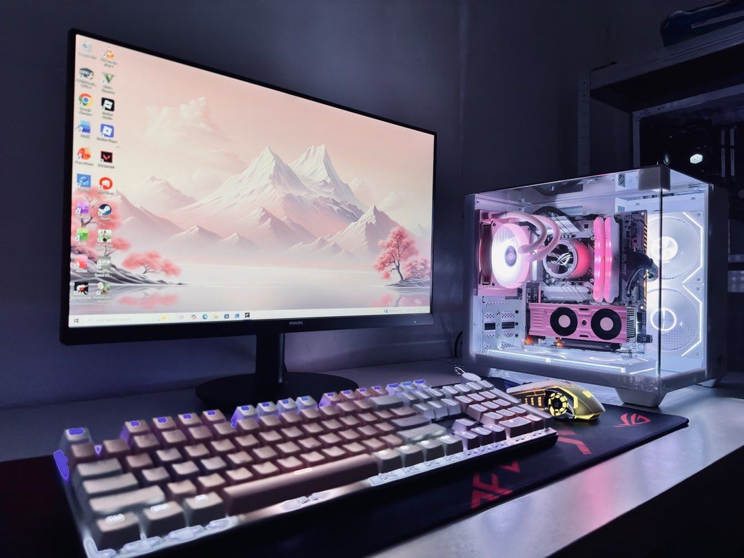 White & Pink Theme intel Core i5 Gaming PC (Category: Desktops) located in Manila. Submitted by ezee_pc (Listing ID 1454027735, Image 3). Description: Pink White intel i5 Liquid Cooled Gaming 🤍 SAME DAY DELIVERY ‼️ Cash On Delivery & free Setup❤️‍🔥 Lots of Brandnew Parts and Freebies🥳🤩 Full Specs/Details: Processor: intel i5 10400 boost 4.30ghz Monitor: Bnew Philips 24” Frameless Motherboard: Gaming frozen V20 Gaming CPU Cooler: Rog Emblem pi