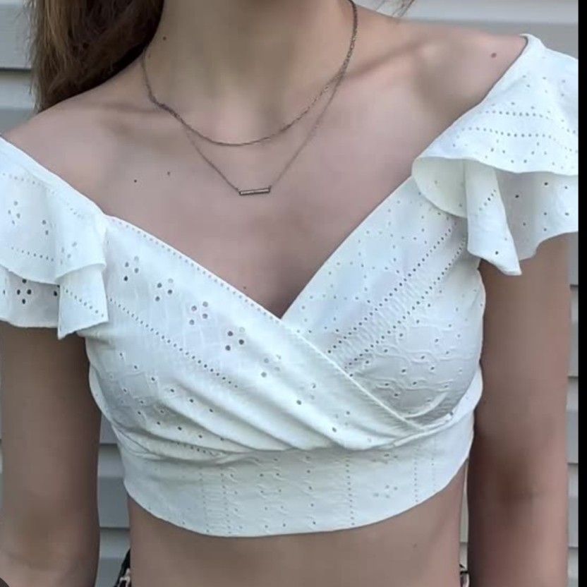 White Eyelet Wrap Crop Top with Ruffle Sleeves (Category: Blouses) located in Bacoor. Submitted by Miss_Chuch0521 (Listing ID 1447722716, Image 2). Description: - Cute white eyelet crop top - Wrap front design - Fluttery ruffle sleeves - Textured fabric pattern - Pairs well with high-waisted jeans or skirts - Ideal for summer outings Brand: No Brand Size: M Condition: Like new never used RFS: Declutter MOP: Gcash / Bank Transfer MOD: Lalamove / J