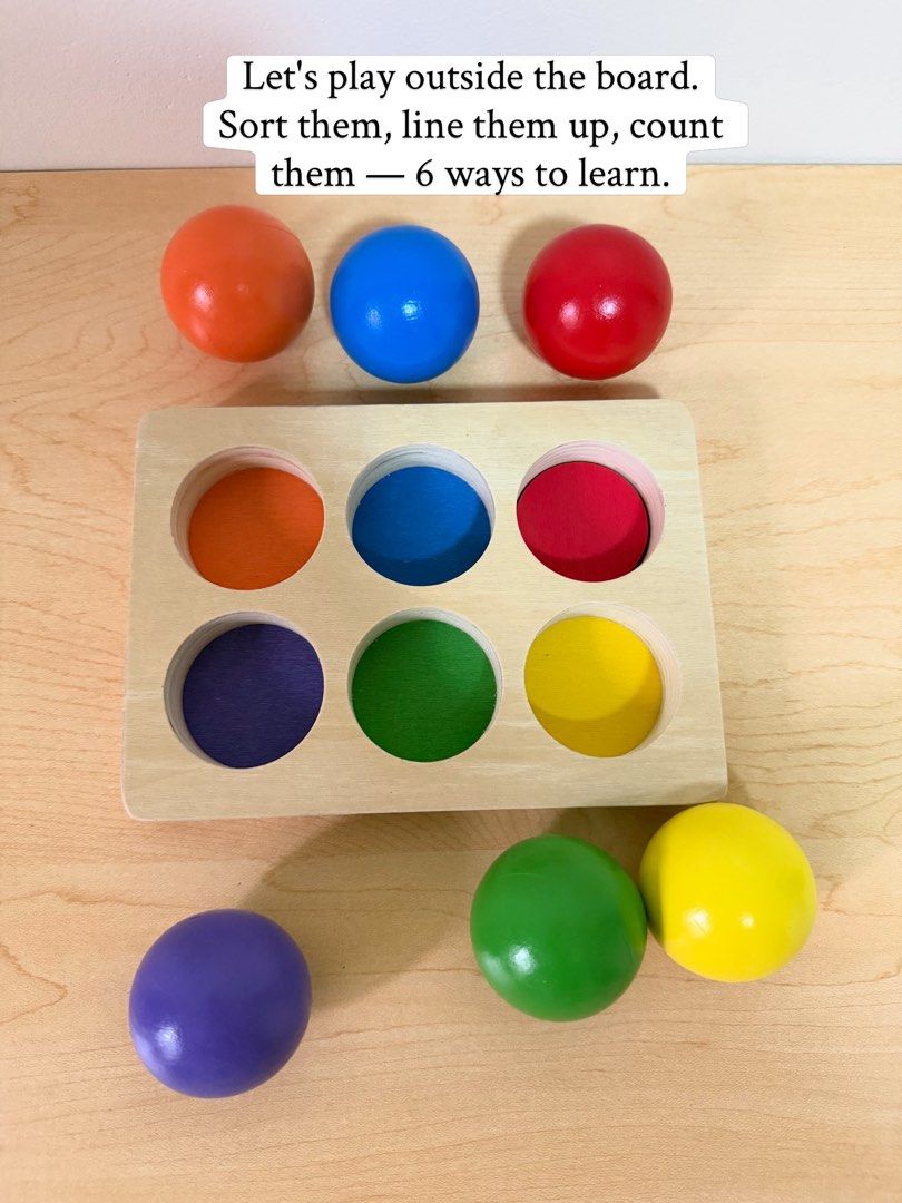 Wooden Ball Sorting Puzzle (Category: Educational & Learning Toys) located in Pasig City. Submitted by timberthinksph (Listing ID 1454012229, Image 3). Description: 6 bright balls, 6 matching holes, endless learning 🌈 Simple to play, big skills to gain! Color recognition, hand-eye coordination, focus + fine motor work — all in one wooden toy. .