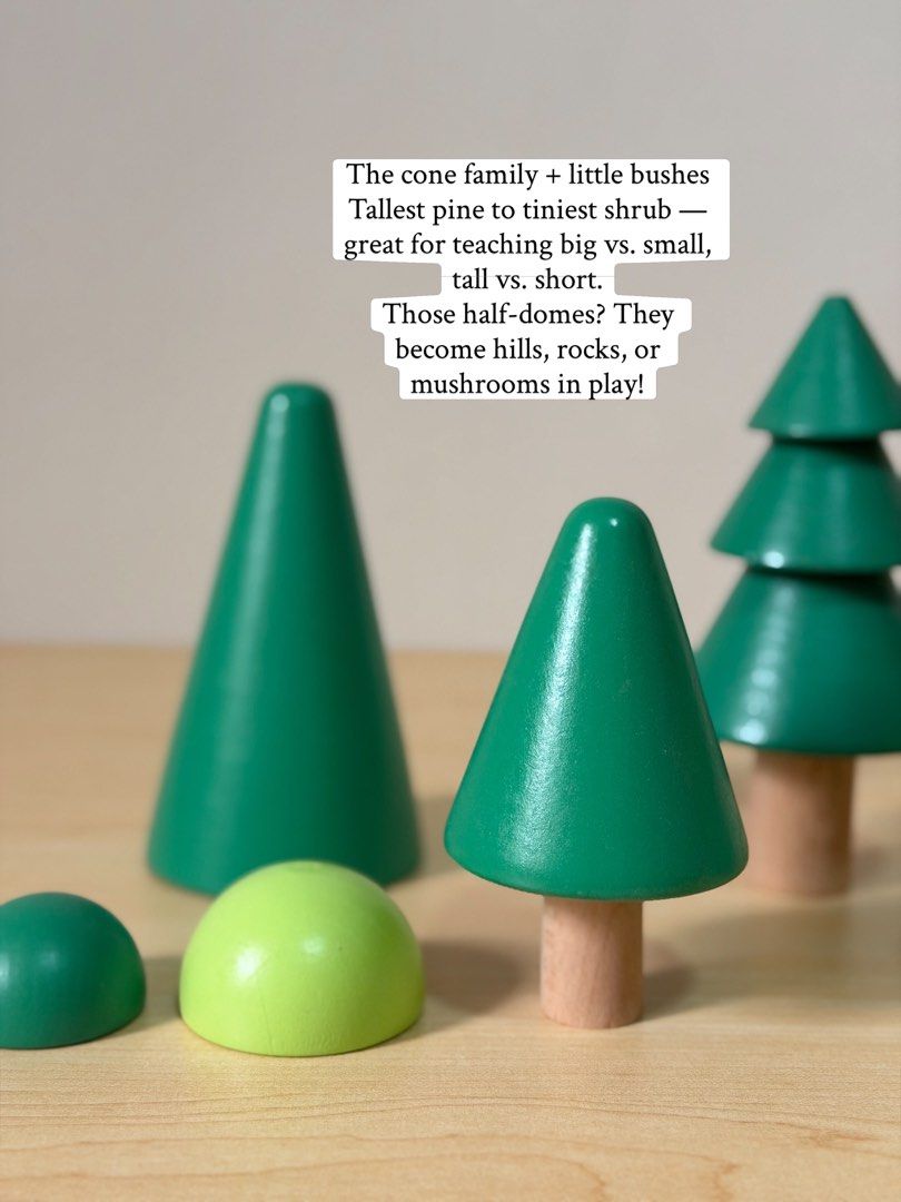 Wooden Forest Tree Set (Category: Educational & Learning Toys) located in Pasig City. Submitted by timberthinksph (Listing ID 1454144311, Image 2). Description: Build your own little forest 🌿 8 pieces. 8 different shapes. All forest, all green. From pine trees to round-top trees to little bushes — perfect for small world play, sensory bins, and storytelling. Solid wood, smooth & chunky — easy for little hands to hold. Which tree is your favorite