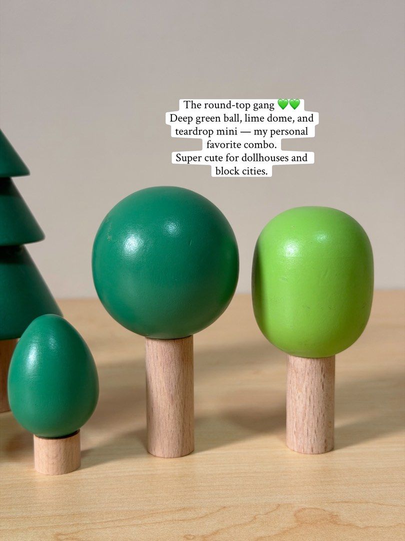 Wooden Forest Tree Set (Category: Educational & Learning Toys) located in Pasig City. Submitted by timberthinksph (Listing ID 1454144311, Image 3). Description: Build your own little forest 🌿 8 pieces. 8 different shapes. All forest, all green. From pine trees to round-top trees to little bushes — perfect for small world play, sensory bins, and storytelling. Solid wood, smooth & chunky — easy for little hands to hold. Which tree is your favorite