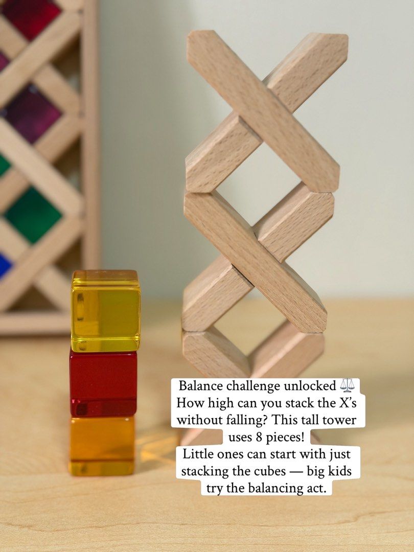Wooden Lattice Blocks & Lucite Cubes (Category: Educational & Learning Toys) located in Pasig City. Submitted by timberthinksph (Listing ID 1454147358, Image 3). Description: A puzzle that’s also a building set 🌈🧩 Our Lattice Building Blocks + Lucite Cubes in Frame 32 wooden X pieces + 24 jewel cubes in 8 colors Flat it’s a mesmerizing stained glass window. Out of the frame? It’s a balancing, stacking, STEM challenge! .