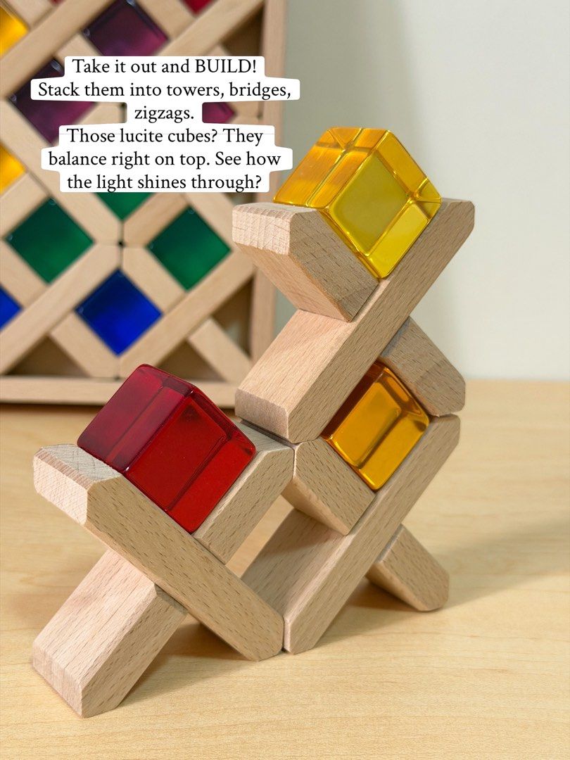 Wooden Lattice Blocks & Lucite Cubes (Category: Educational & Learning Toys) located in Pasig City. Submitted by timberthinksph (Listing ID 1454147358, Image 2). Description: A puzzle that’s also a building set 🌈🧩 Our Lattice Building Blocks + Lucite Cubes in Frame 32 wooden X pieces + 24 jewel cubes in 8 colors Flat it’s a mesmerizing stained glass window. Out of the frame? It’s a balancing, stacking, STEM challenge! .