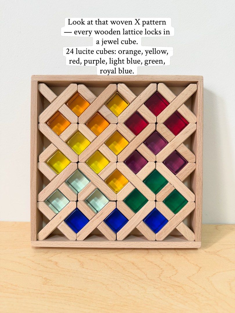 Wooden Lattice Blocks & Lucite Cubes (Category: Educational & Learning Toys) located in Pasig City. Submitted by timberthinksph (Listing ID 1454147358, Image 1). Description: A puzzle that’s also a building set 🌈🧩 Our Lattice Building Blocks + Lucite Cubes in Frame 32 wooden X pieces + 24 jewel cubes in 8 colors Flat it’s a mesmerizing stained glass window. Out of the frame? It’s a balancing, stacking, STEM challenge! .