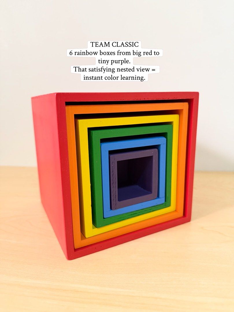 Wooden Nesting Box (Category: Storage Boxes & Baskets) located in Pasig City. Submitted by timberthinksph (Listing ID 1454014673, Image 2). Description: One fits inside the other... and inside the other! ✨ Our 6pc Wooden Nesting Boxes — in 2 colorways: 🔴 Left: Classic Rainbow - Red, Orange, Yellow, Green, Blue, Purple 🌈 Right: Pastel / Macaron - Sky Blue, Steel Blue, Green, Yellow, Orange, Pink Yes, you can totally call the right one “macaron c