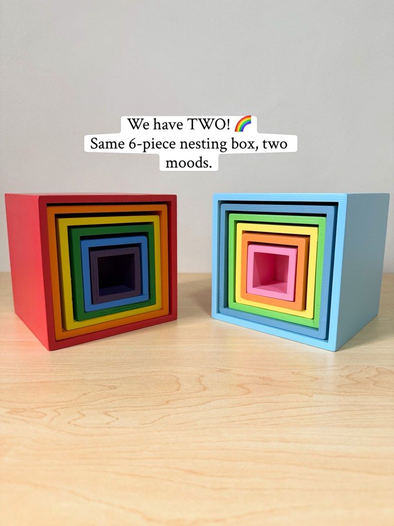 Wooden Nesting Box (Category: Storage Boxes & Baskets) located in Pasig City. Submitted by timberthinksph (Listing ID 1454014673, Image 1). Description: One fits inside the other... and inside the other! ✨ Our 6pc Wooden Nesting Boxes — in 2 colorways: 🔴 Left: Classic Rainbow - Red, Orange, Yellow, Green, Blue, Purple 🌈 Right: Pastel / Macaron - Sky Blue, Steel Blue, Green, Yellow, Orange, Pink Yes, you can totally call the right one “macaron c
