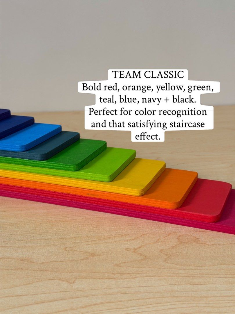 Wooden Rectangle Building Boards (Category: Educational & Learning Toys) located in Pasig City. Submitted by timberthinksph (Listing ID 1454013080, Image 2). Description: Small steps, big learning 🌈 Our 11-piece Rainbow Rectangle Boards — the building set that teaches size, color, and balance without even trying. Colors: •Classic Rainbow (bold & bright) •Pastel Macaron (soft & muted) .