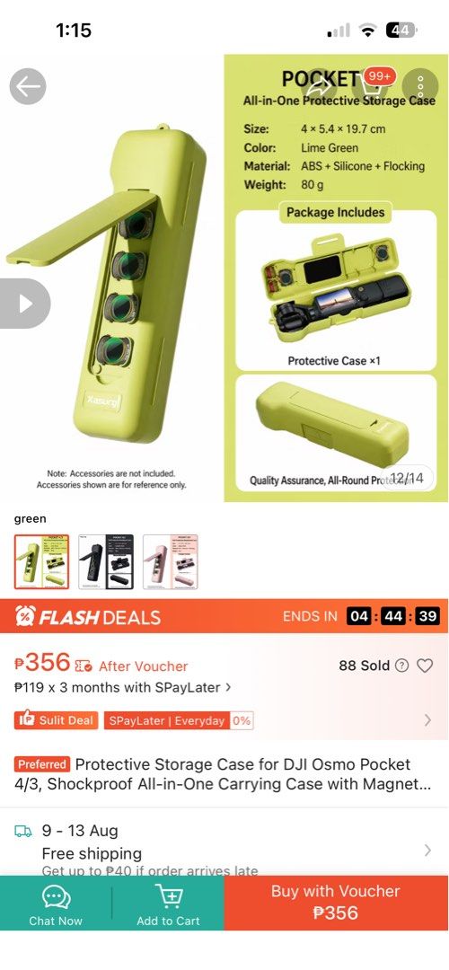 XASURO Protective Storage Case for DJI Osmo Pocket 4/3 (Category: Video Cameras) located in Cavite. Submitted by emory_015 (Listing ID 1454046541, Image 1). Description: Lime green protective storage case for DJI Osmo Pocket 4/3. Made from ABS, silicone, and flocking. Measures 4 x 5.4 x 19.7 cm. Weighs 80g. All-in-one design for carrying and protection. Package includes one protective case. Quality assurance and all-round protection. Payment firs
