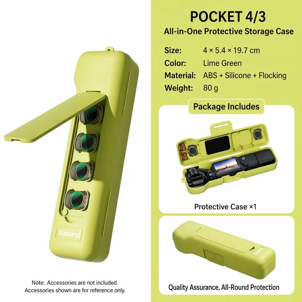 XASURO Protective Storage Case for DJI Osmo Pocket 4/3 (Category: Video Cameras) located in Cavite. Submitted by emory_015 (Listing ID 1454046541, Image 2). Description: Lime green protective storage case for DJI Osmo Pocket 4/3. Made from ABS, silicone, and flocking. Measures 4 x 5.4 x 19.7 cm. Weighs 80g. All-in-one design for carrying and protection. Package includes one protective case. Quality assurance and all-round protection. Payment firs